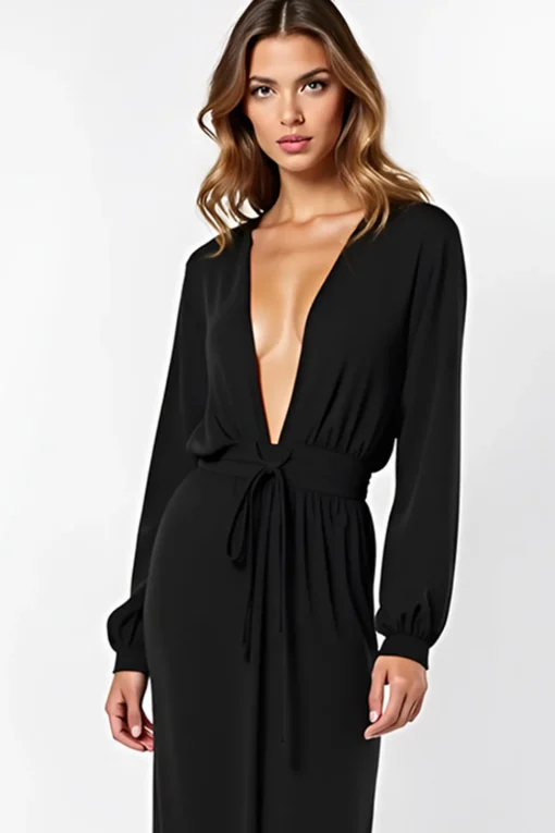 Sheath V-Neck Ruched Long Black Tie Dress