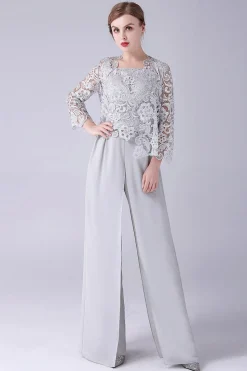 Silver Chiffon Pant and Lace Top Mother of The Bride Pant Suits