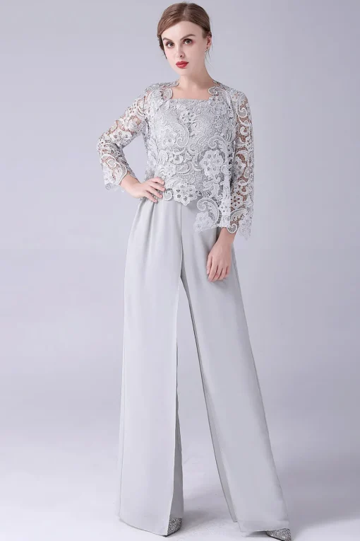 Silver Chiffon Pant and Lace Top Mother of The Bride Pant Suits