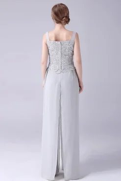 Silver Chiffon Pant and Lace Top Mother of The Bride Pant Suits