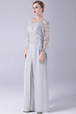 Silver Chiffon Pant and Lace Top Mother of The Bride Pant Suits