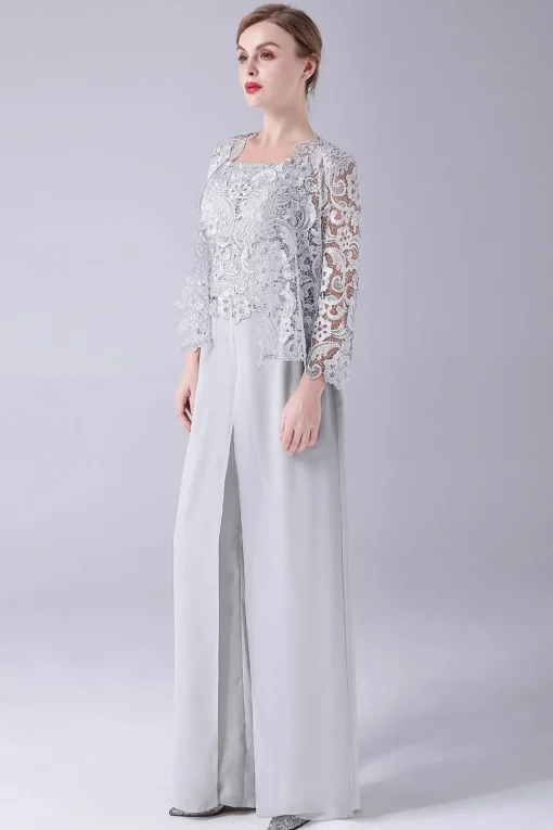 Silver Chiffon Pant and Lace Top Mother of The Bride Pant Suits