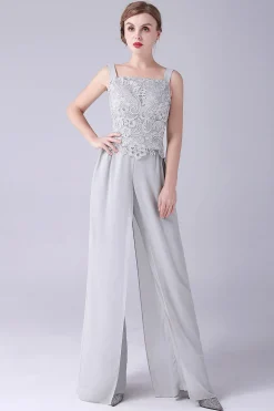 Silver Chiffon Pant and Lace Top Mother of The Bride Pant Suits