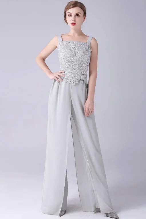 Silver Chiffon Pant and Lace Top Mother of The Bride Pant Suits