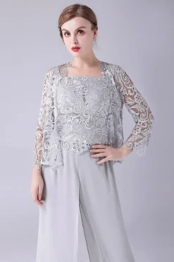 Silver Chiffon Pant and Lace Top Mother of The Bride Pant Suits