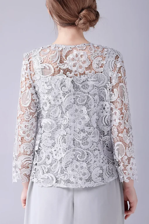 Silver Chiffon Pant and Lace Top Mother of The Bride Pant Suits