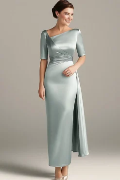Silver Grey Sheath Satin Half Sleeves Mother Of The Bride Dress