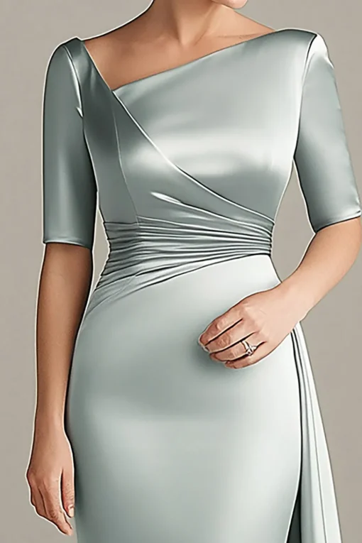 Silver Grey Sheath Satin Half Sleeves Mother Of The Bride Dress
