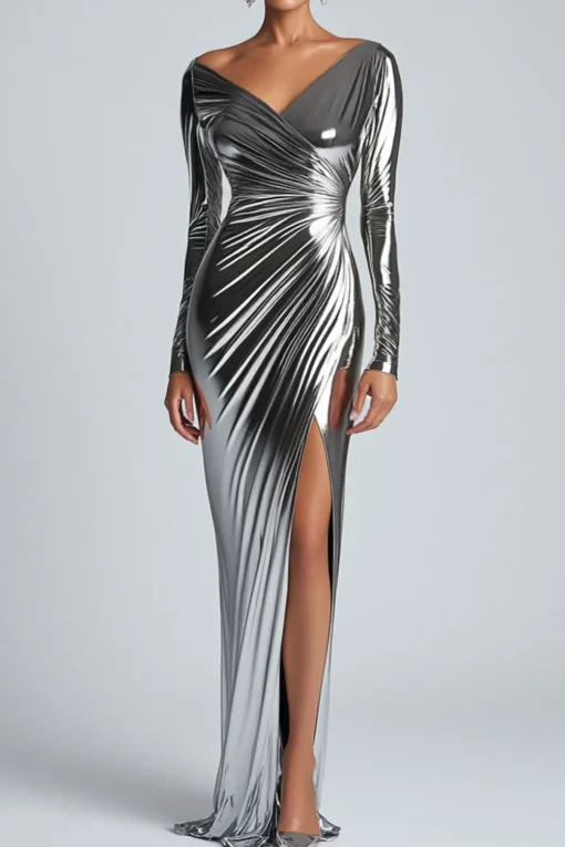 Silver Metallic Satin Ruched Sheath Formal Dress with Slit