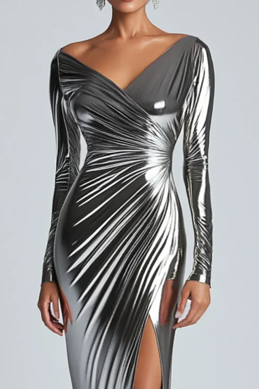 Silver Metallic Satin Ruched Sheath Formal Dress with Slit