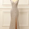 Silver Sequins Long Prom Dress with Slit