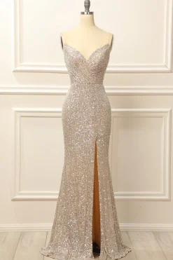 Silver Sequins Long Prom Dress with Slit