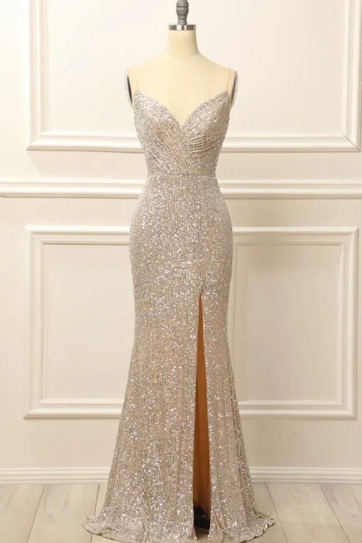 Silver Sequins Long Prom Dress with Slit