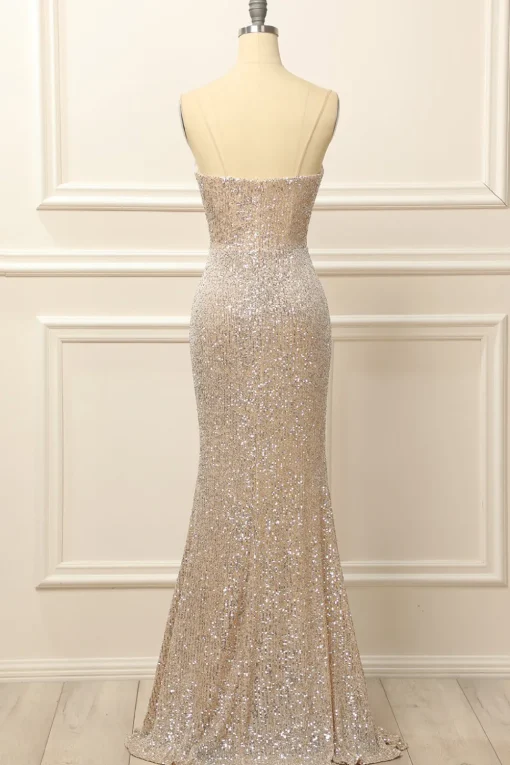 Silver Sequins Long Prom Dress with Slit