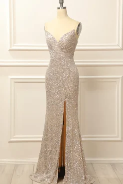 Silver Sequins Long Prom Dress with Slit