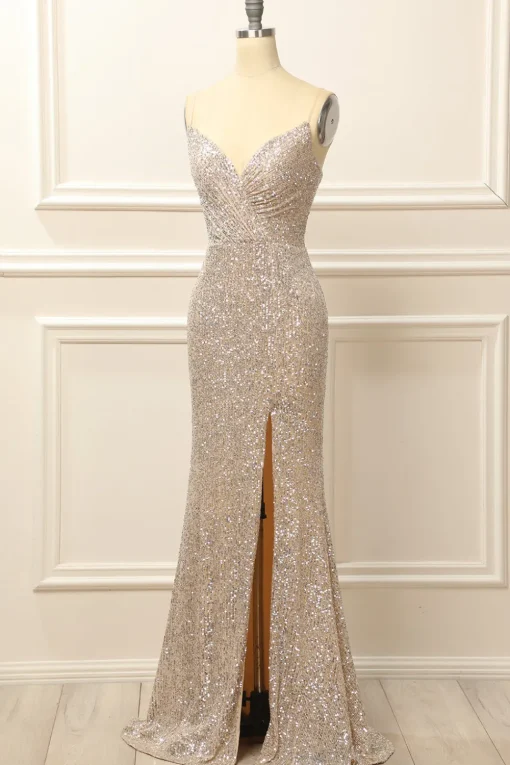 Silver Sequins Long Prom Dress with Slit