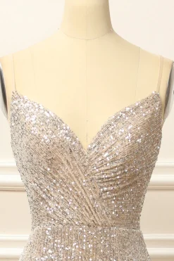 Silver Sequins Long Prom Dress with Slit