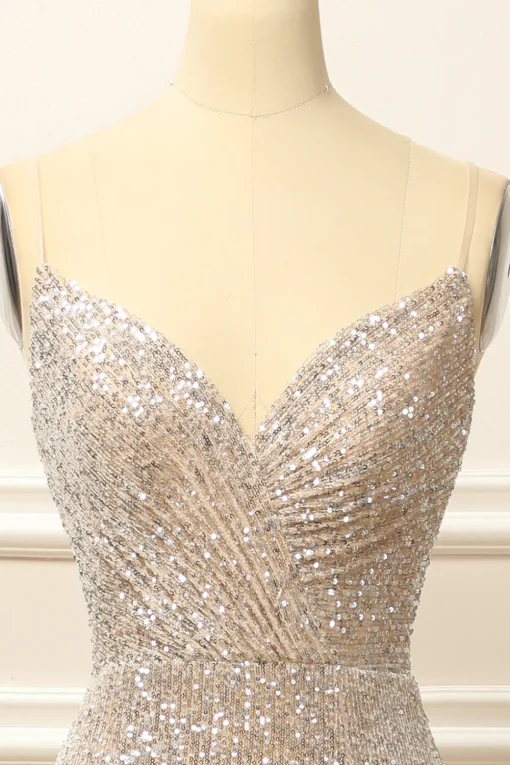 Silver Sequins Long Prom Dress with Slit