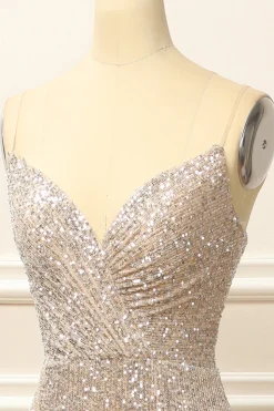 Silver Sequins Long Prom Dress with Slit