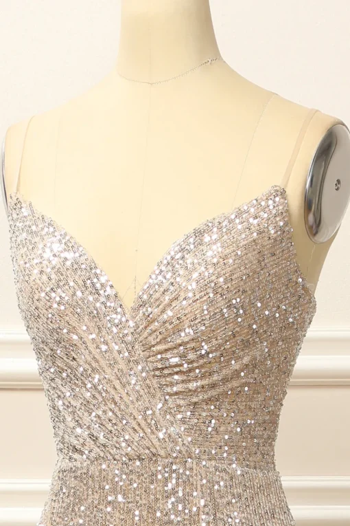 Silver Sequins Long Prom Dress with Slit
