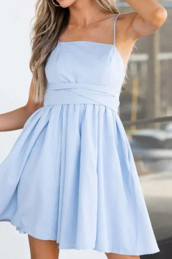 Simple A-Line Spaghetti Straps Light Blue Graduation Dress with Bowknot