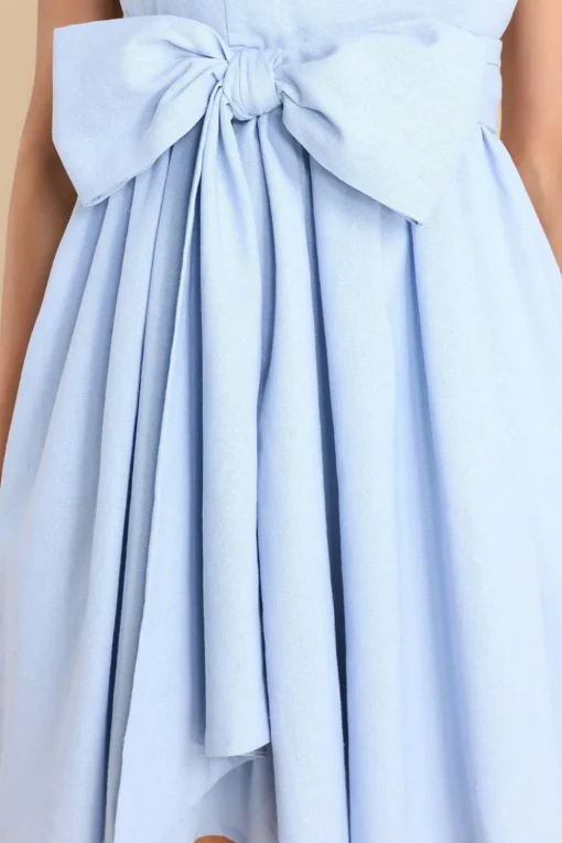 Simple A-Line Spaghetti Straps Light Blue Graduation Dress with Bowknot
