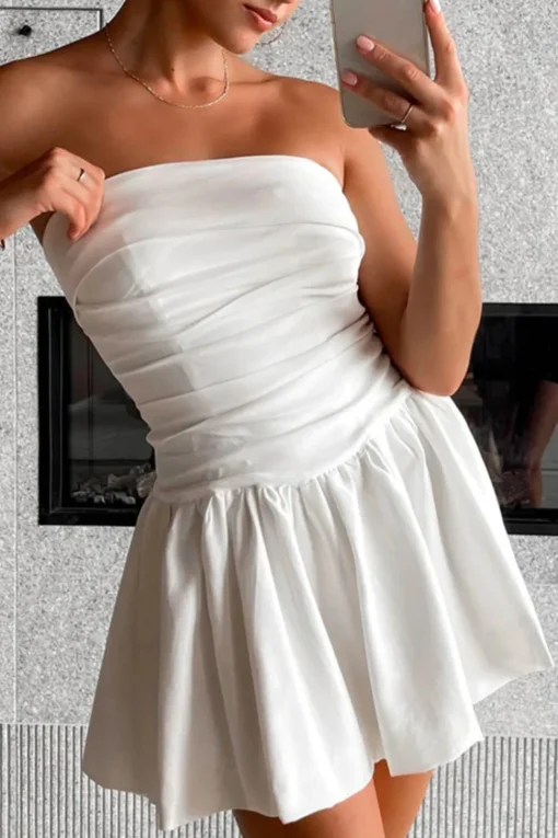 Simple A-Line Strapless Mini Pleaded White Graduation Dress