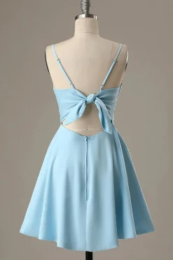 Simple Blue Open Back A Line Short Prom Dress