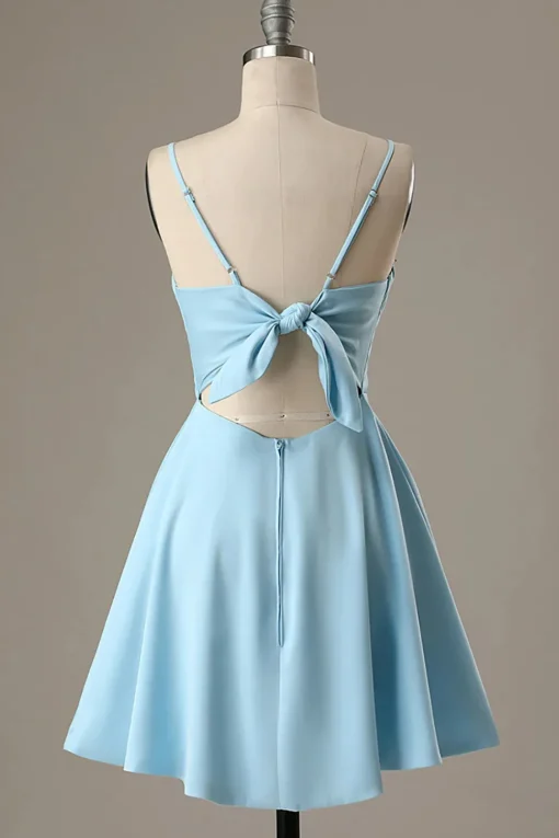 Simple Blue Open Back A Line Short Prom Dress