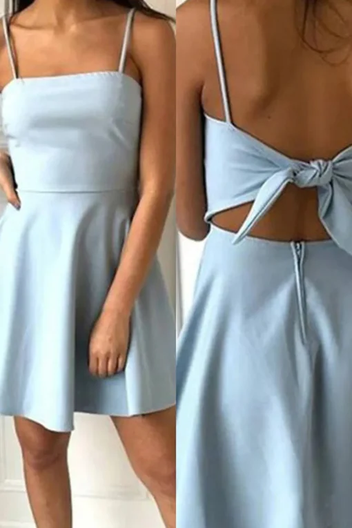 Simple Blue Open Back A Line Short Prom Dress