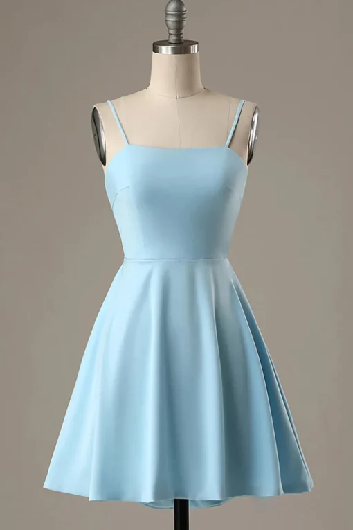Simple Blue Open Back A Line Short Prom Dress