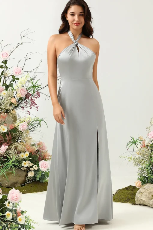 Simple Grey Halter Long Bridesmaid Dress with Slit