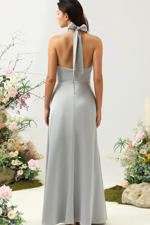 Simple Grey Halter Long Bridesmaid Dress with Slit
