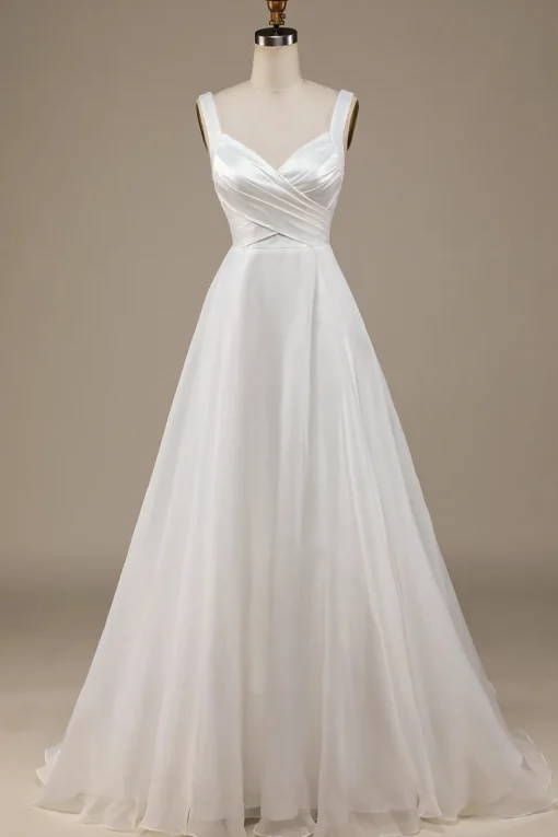 Simple Ivory Organza Scoop Neck Sweep Train Wedding Dress