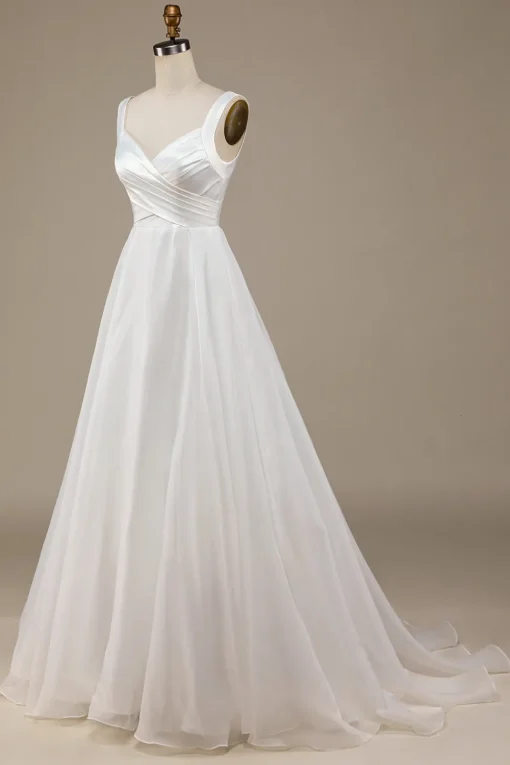 Simple Ivory Organza Scoop Neck Sweep Train Wedding Dress