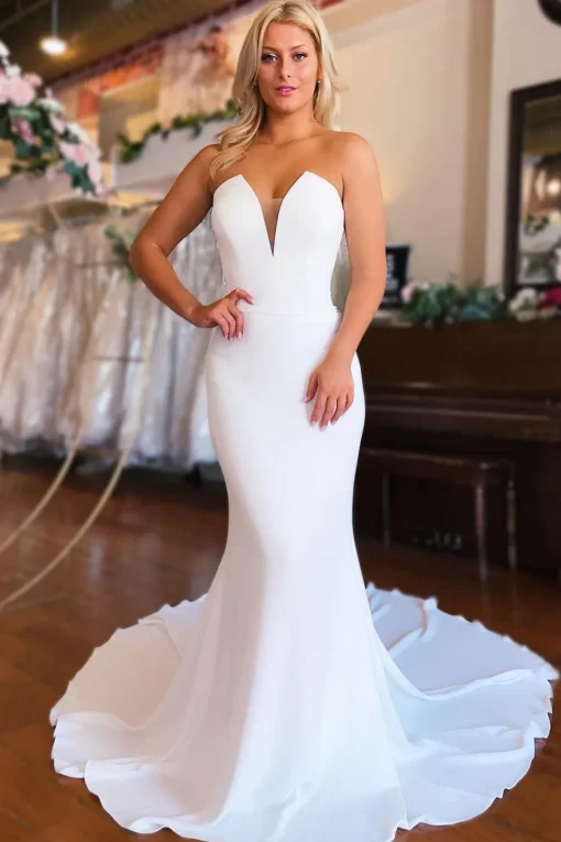 Simple White Boho Mermaid Long Sleeveless Wedding Dress