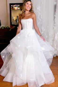 Simple White Corset A-Line Asymmetrical Wedding Dress with Flowers