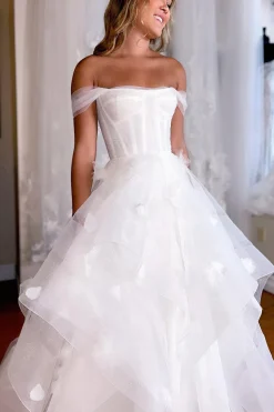 Simple White Corset A-Line Asymmetrical Wedding Dress with Flowers