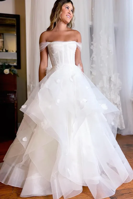 Simple White Corset A-Line Asymmetrical Wedding Dress with Flowers