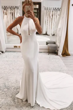 Simple White Halter Open Back Long Wedding Dress