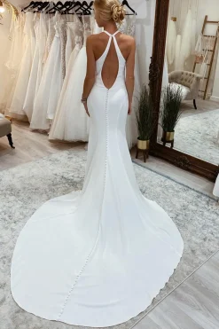 Simple White Halter Open Back Long Wedding Dress