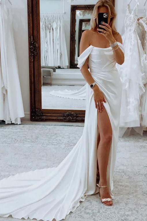Simple White Long Boho Mermaid Wedding Dress with Slit