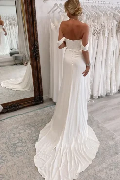 Simple White Long Boho Mermaid Wedding Dress with Slit