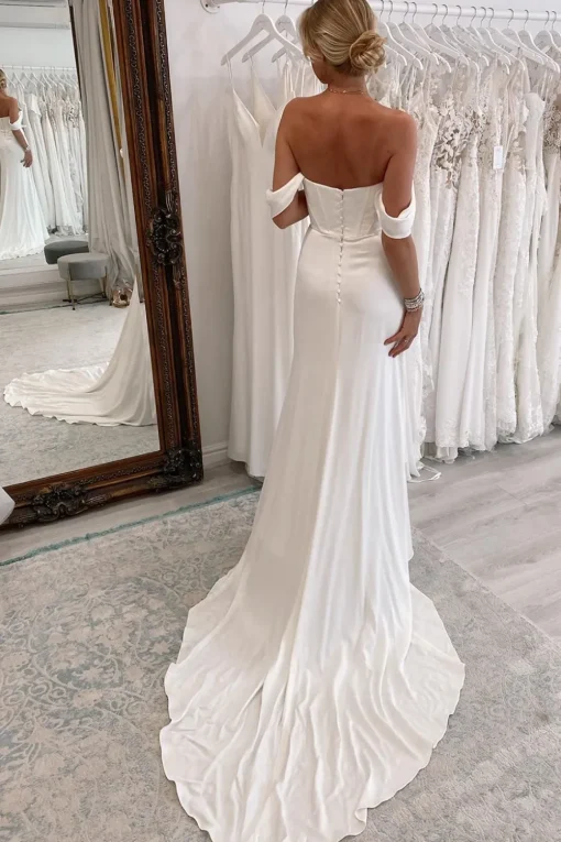 Simple White Long Boho Mermaid Wedding Dress with Slit
