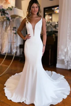 Simple White Mermaid Backless Boho Wedding Dress