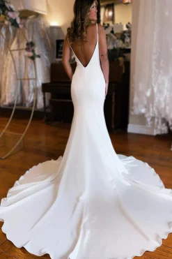 Simple White Mermaid Backless Boho Wedding Dress