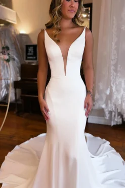 Simple White Mermaid Backless Boho Wedding Dress