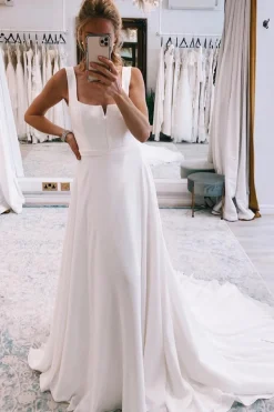 Simple White Square Neck Boho Long Chiffon Wedding Dress