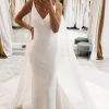 Simple White Watteau Train Boho Long Mermaid Wedding Dress