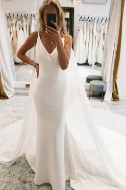 Simple White Watteau Train Boho Long Mermaid Wedding Dress